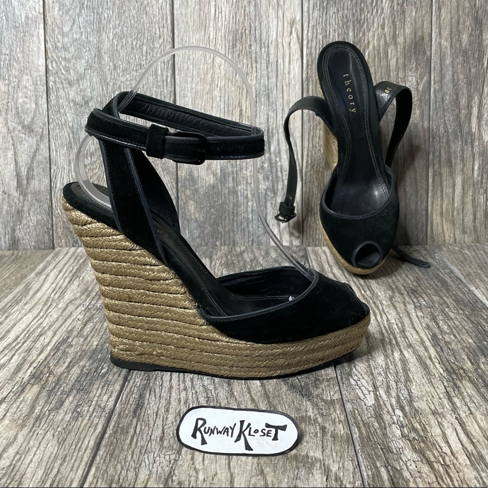 THEORY Espradille Wedge Platform Sandals Ankle Strap Black Suede EU 38.5 /US 8.5